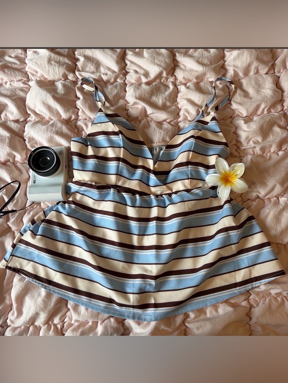 Striped V-Neck Spaghetti Strap Tank Top in Blue, Cream & Brown